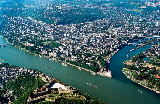 Luftbild Koblenz, Moselmündung, Deutsches Eck, Ehrenbreitstein